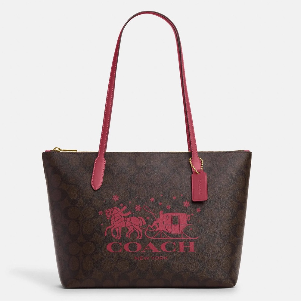 🐎🛷 NWT COACH Zip Top Tote Bag In Signature Canvas With Horse And Sleigh 🐎🛷